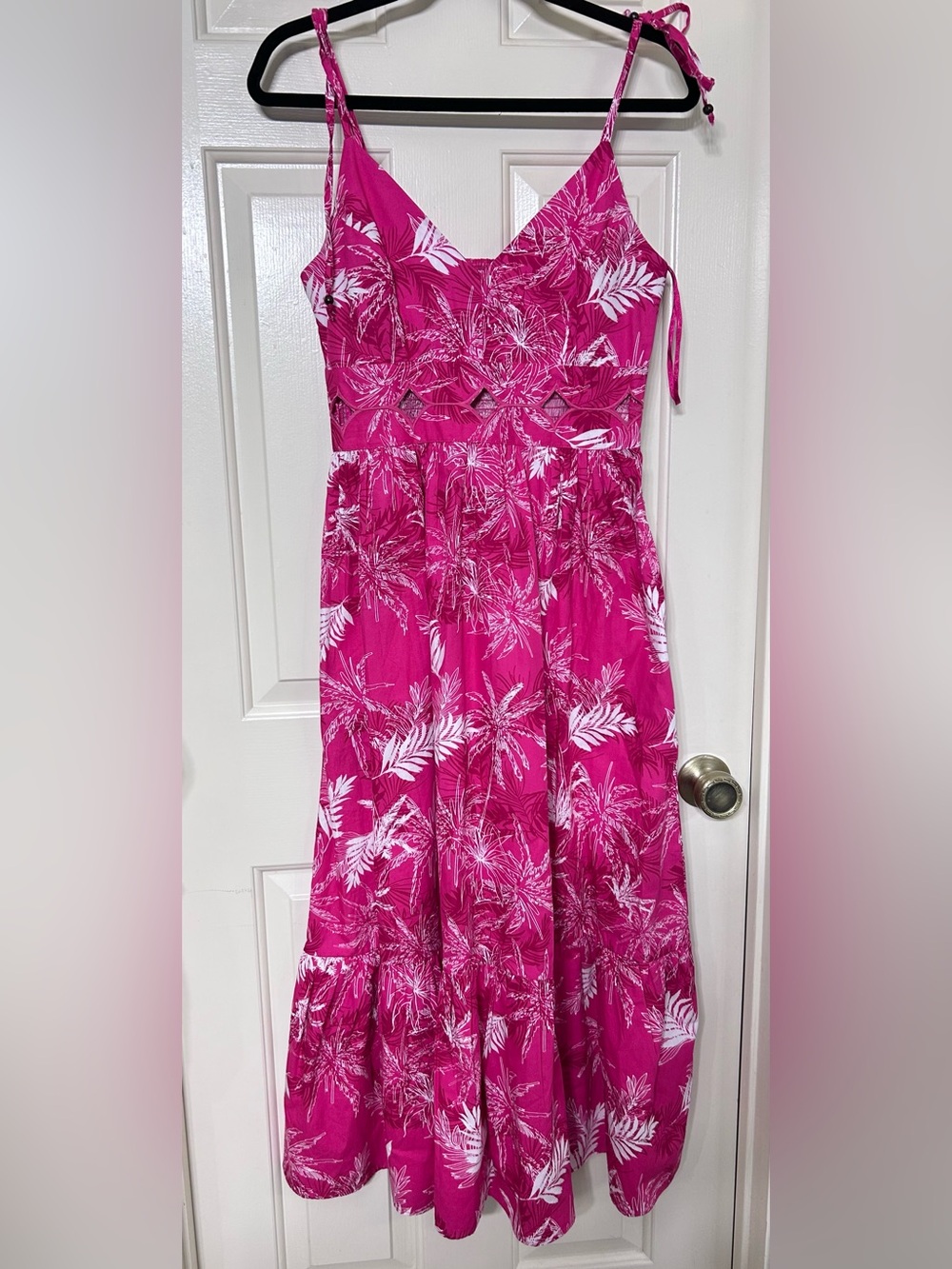 Hot Pink Tropical Print Midi Sundress with Spaghetti Straps